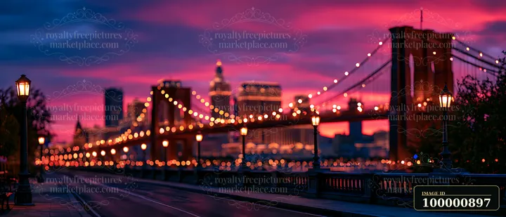 Brooklyn Bridge is illuminated by lights as sunset paints the sky in shades of pink and purple.