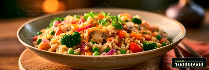 A bowl of vegetable barley is presented with mushrooms, broccoli, and colorful vegetables.