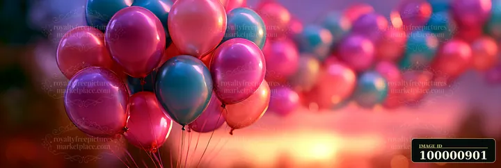 Balloons in vibrant colors drift in the air as the sun sets in the background, creating a cheerful atmosphere.