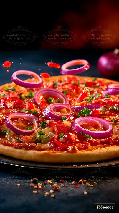 A pizza sits on a dark surface, topped with sliced red onions, diced tomatoes, and herbs.