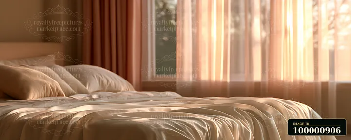 Sunlight streams through sheer curtains onto a neatly made bed.
