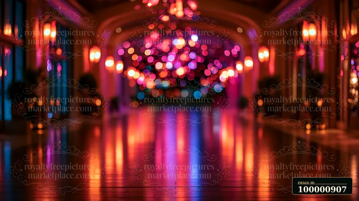 A hallway features vibrant light reflections from decorative lamps, creating a lively atmosphere.