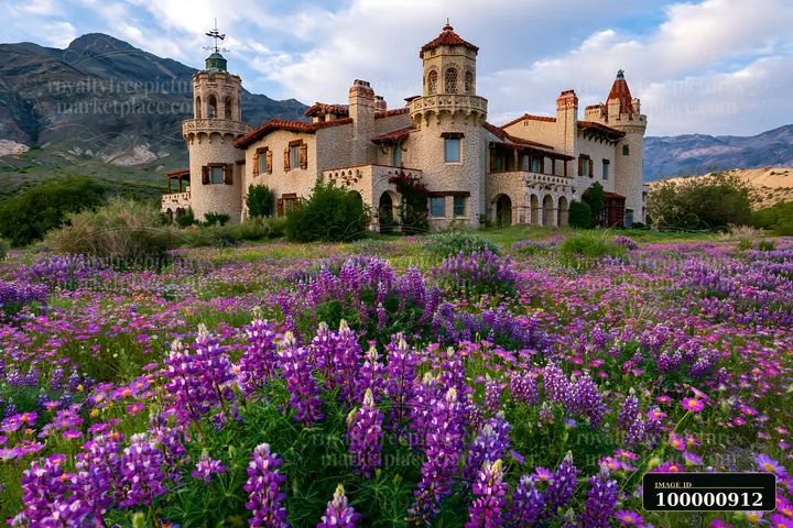 A large mansion stands amidst colorful wildflowers in a natural setting.
