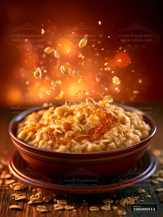 A bowl of oatmeal is placed on a wooden table, with toppings being sprinkled above it.
