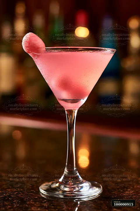 A pink cocktail with a fruit garnish sits on a dark wooden bar.