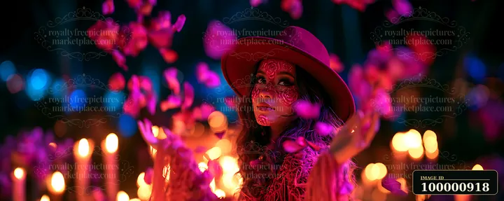 A woman wearing a wide-brimmed hat blows colorful flower petals into the air at a candlelit gathering.