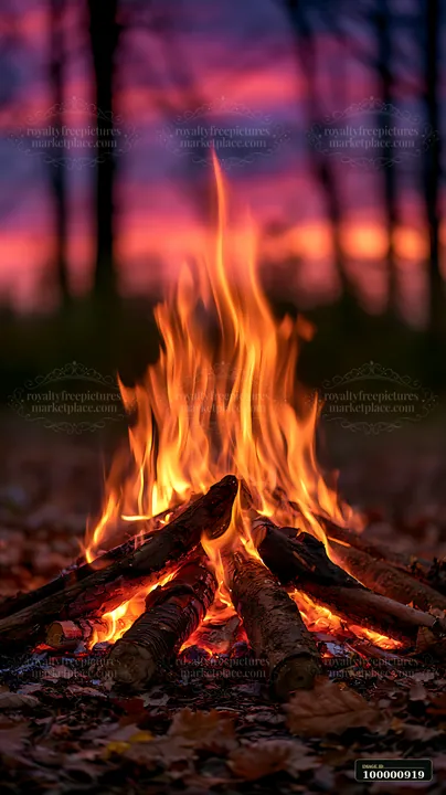 A campfire burns brightly with flames rising high against a backdrop of vibrant colors in the sky, surrounded by trees in the evening light.
