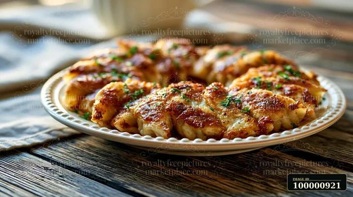 The image shows golden baked dumplings arranged neatly on a white plate, placed on a rustic wooden table.