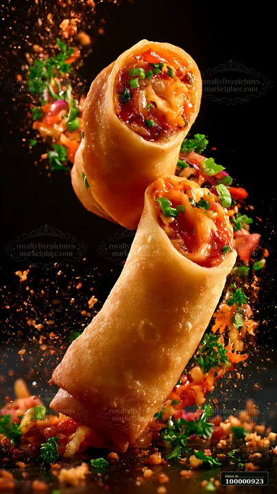 Two spring rolls float with a burst of vibrant vegetables and spices around them.