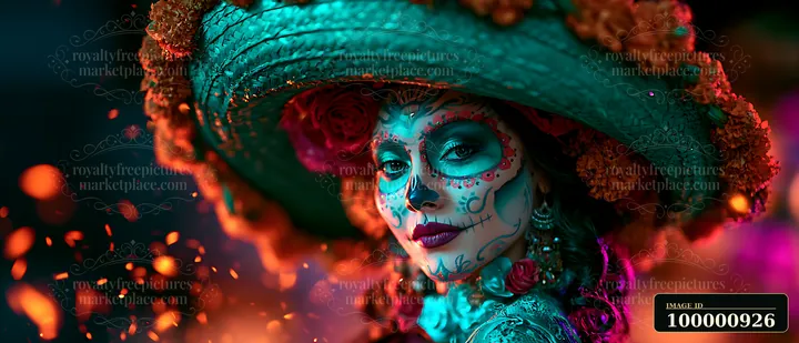 A woman wears a large sombrero adorned with flowers while celebrating the Day of the Dead.