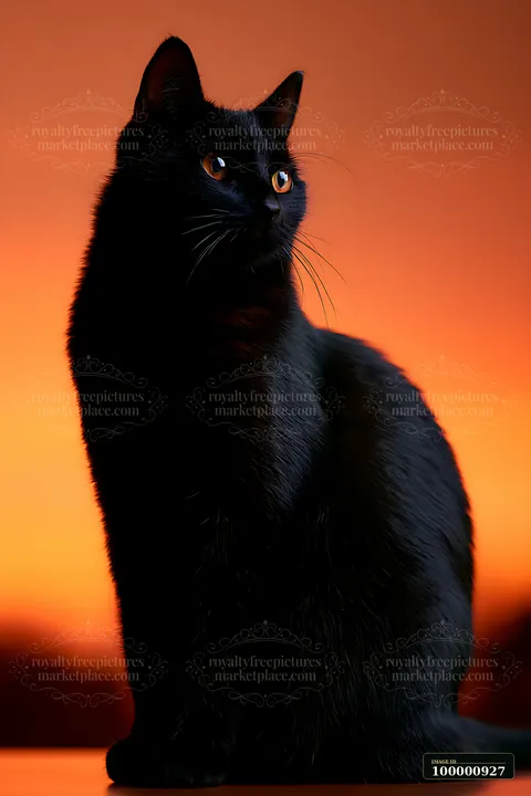 A black cat poses in profile with its head turned, showcasing its bright eyes against an orange backdrop.