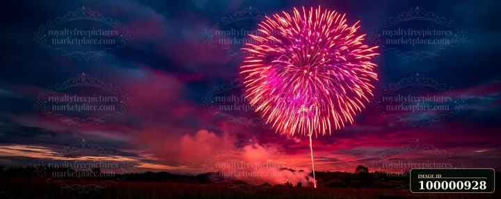 Bright fireworks burst in the evening sky, surrounded by clouds and smoke, showcasing vibrant colors during a nighttime celebration over an open field.
