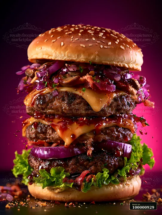 A large burger stacked with three beef patties, melted cheese, bacon, onion, and lettuce sits against a dark backdrop.