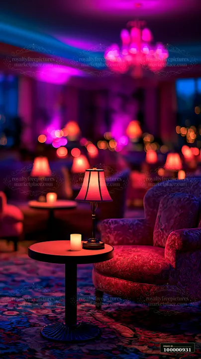 A comfortable lounge features plush chairs and lamps casting warm light, creating a vibrant atmosphere.