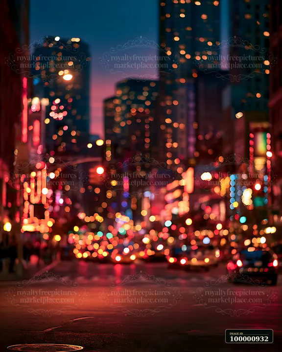 A busy city street shows bright lights and blurred traffic during dusk.