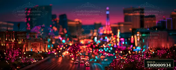 Bright lights illuminate a busy city skyline as night falls, with a mix of buildings and colorful displays creating a vibrant urban scene.