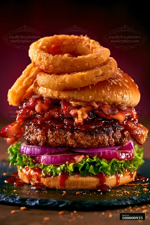 A stacked burger features a beef patty, bacon, lettuce, onions, and barbecue sauce.