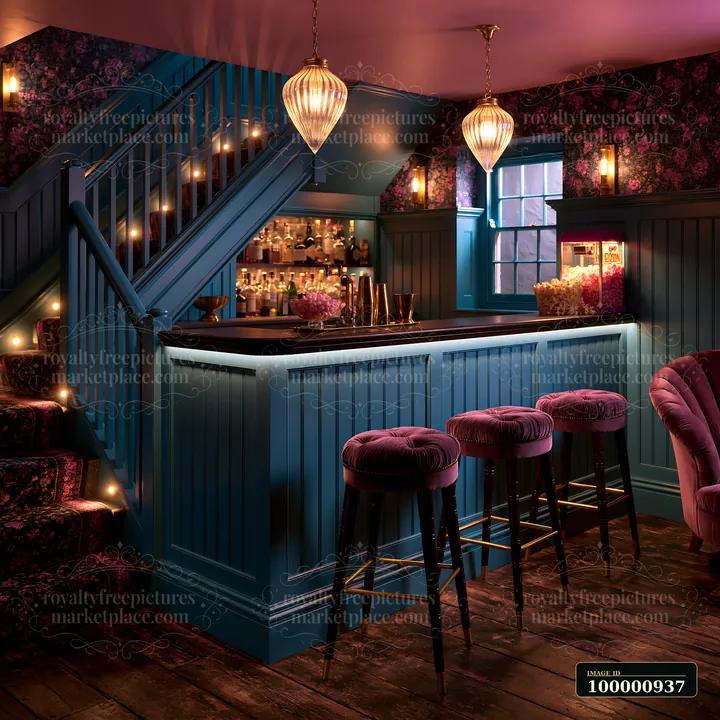 A well-designed bar area features purple stools, a counter with drink supplies, and a floral wallpaper backdrop.