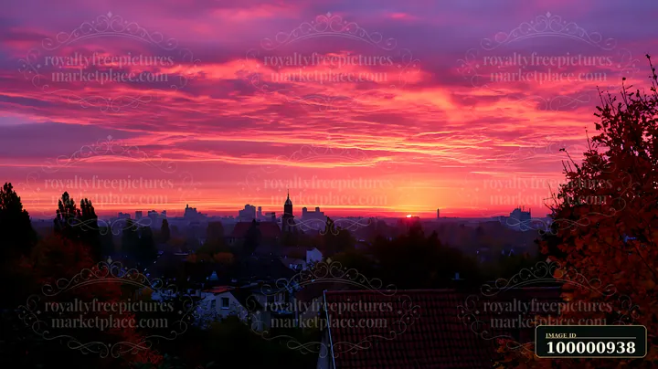 The scene captures a vibrant sunset illuminating a city skyline.