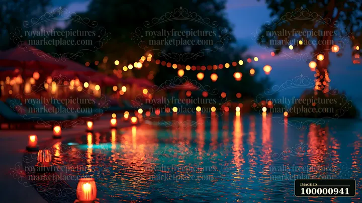 Warm light from lanterns and candles reflects on the water of a pool surrounded by lounge chairs and umbrellas in a nighttime resort setting.