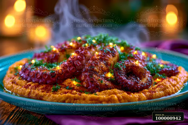 Grilled octopus is plated with a vibrant sauce and garnished with herbs.