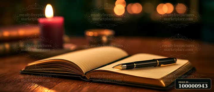A notebook lies open on a wooden table next to a pen, with a candle providing soft light in the background.