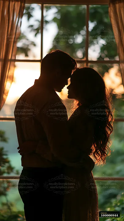 A couple stands close together, silhouetted against a window with sunlight streaming through.