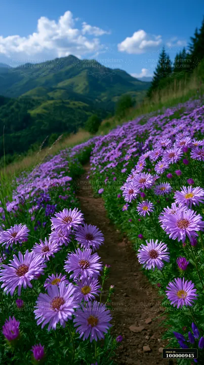 A winding path leads through vibrant purple flowers in a mountainous area under a blue sky with clouds.