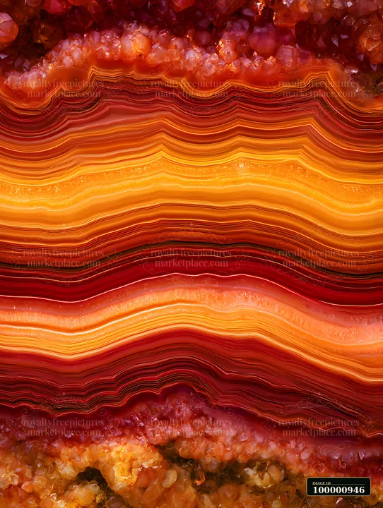Bright bands of red, orange, and yellow are visible in this cross-section of agate stone.
