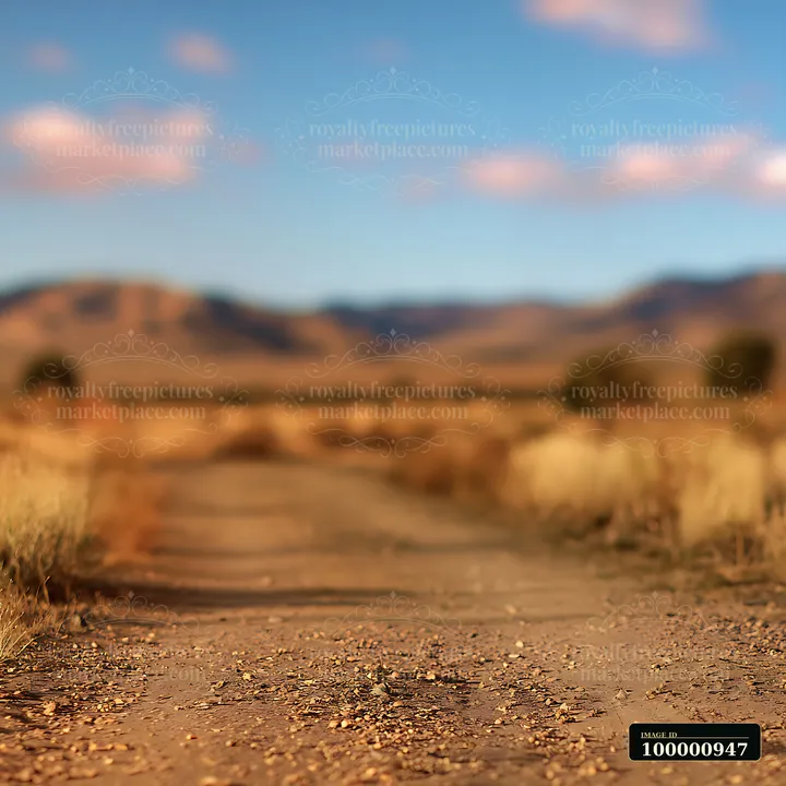 A dirt road winds through a dry landscape with sparse vegetation under a blue sky.
