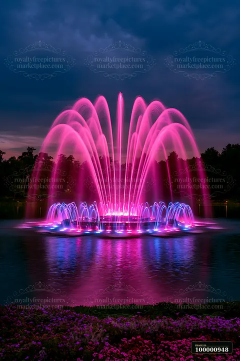 A vibrant fountain displays colorful water jets in shades of pink and blue against a dark sky.