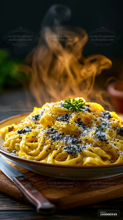 A steaming plate of creamy pasta sits on a wooden table.