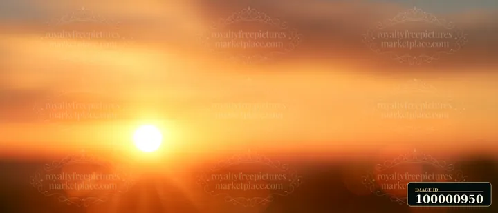 A bright sun sets near the horizon, casting warm orange and yellow tones across the sky.