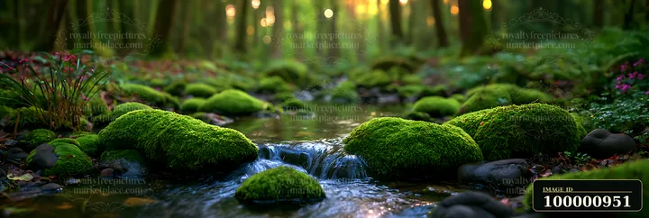 A stream flows through a lush forest, surrounded by moss-covered rocks and greenery.