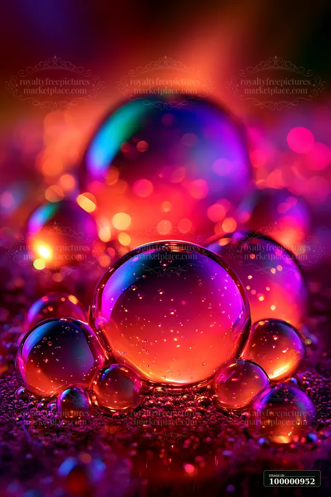 Bright bubbles with colorful reflections gather together on a surface.