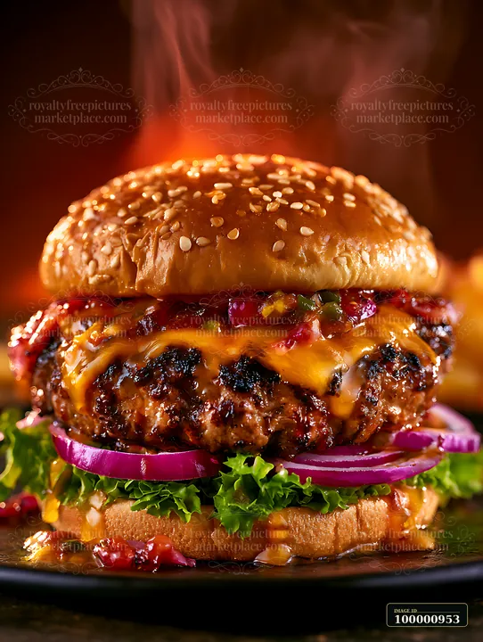 A grilled burger sits on a plate, featuring melted cheese, lettuce, onions, and tomatoes.