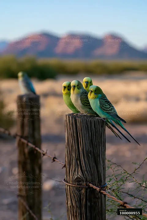 Five budgerigars sit on a wooden fence post in a desert setting, surrounded by sparse vegetation and distant mountains under a clear sky during the golden hour.