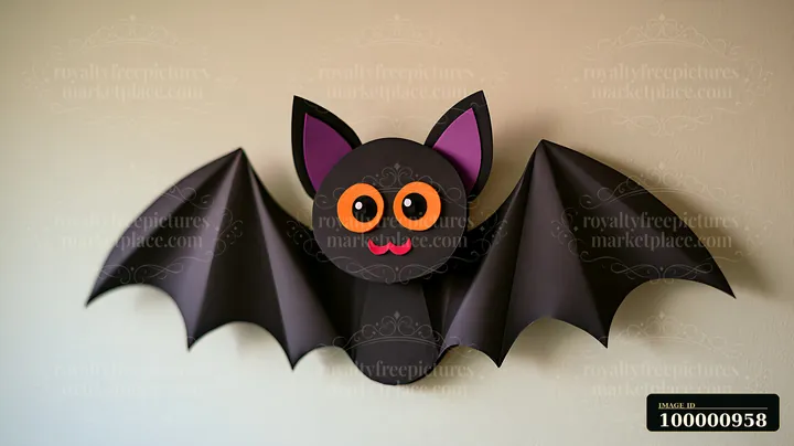 A black paper bat with large orange eyes and pink ears hangs on a light wall.