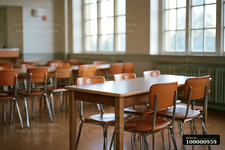 The classroom shows several wooden tables and orange chairs arranged neatly in rows.