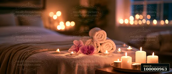 A cozy spa setting features neatly rolled towels, scattered candles, and an orchid on a plush blanket, creating a calming atmosphere perfect for relaxation.