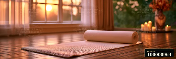 A yoga mat is laid out on the wooden floor near a window during sunset.