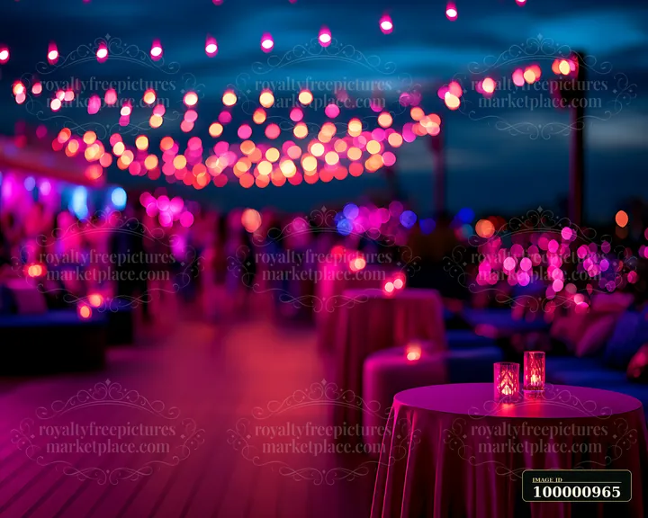 A rooftop party features tables adorned with glowing candles under colorful string lights at dusk.