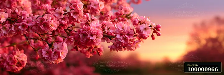 A branch covered in pink cherry blossoms stretches across the scene as the sun sets, casting warm colors across the sky and illuminating the flower petals.