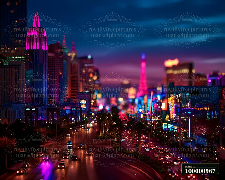 A busy street in Las Vegas shows colorful lights on buildings and vehicles during the evening.