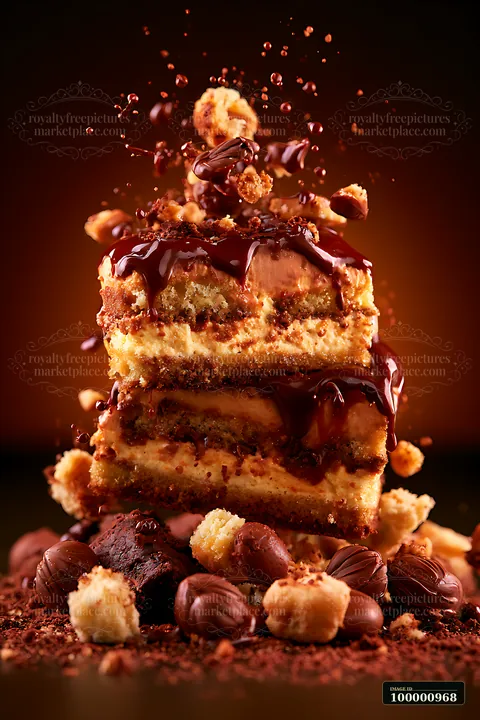 A stack of layered chocolate dessert sits on a dark surface with chocolate drizzles and cookie pieces scattered around.