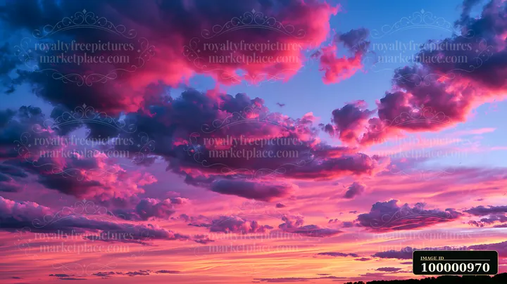 The scene shows a vibrant sunset sky filled with clouds in various shades of pink, purple, and blue, creating a striking visual display during early evening.