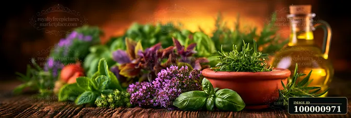 Fresh herbs like basil, oregano, and purple sage are displayed on a wooden table alongside a small bowl of herbs and a glass bottle of olive oil.