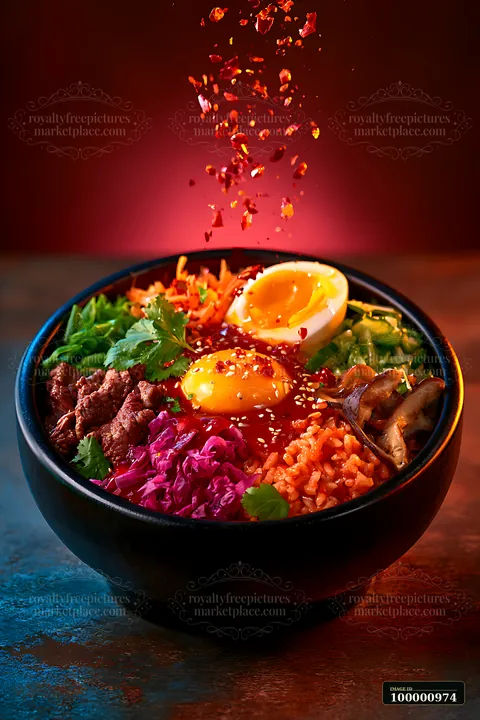 A bowl filled with rice, beef, vegetables, and a soft-boiled egg sits on a dark surface.