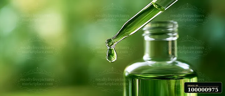 A dropper squeezes a green liquid, preparing to drop it into a clear glass bottle.