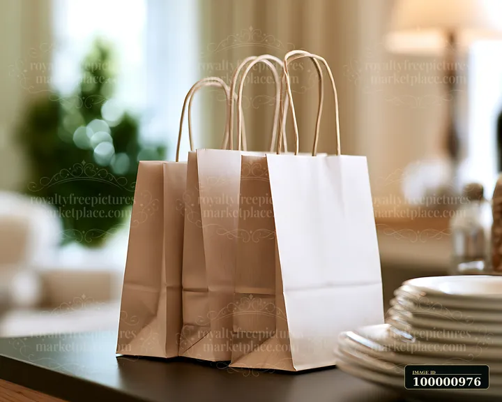 Three brown paper shopping bags are placed on a wooden table in a well-lit room.